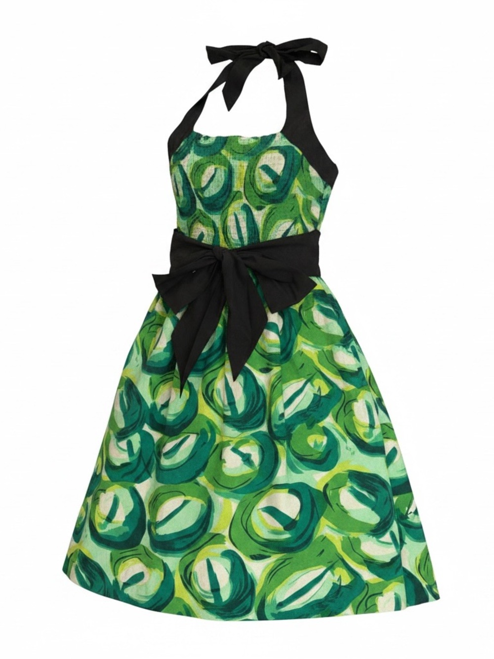 Viola - Green Print Halter Dress with Black Bow.